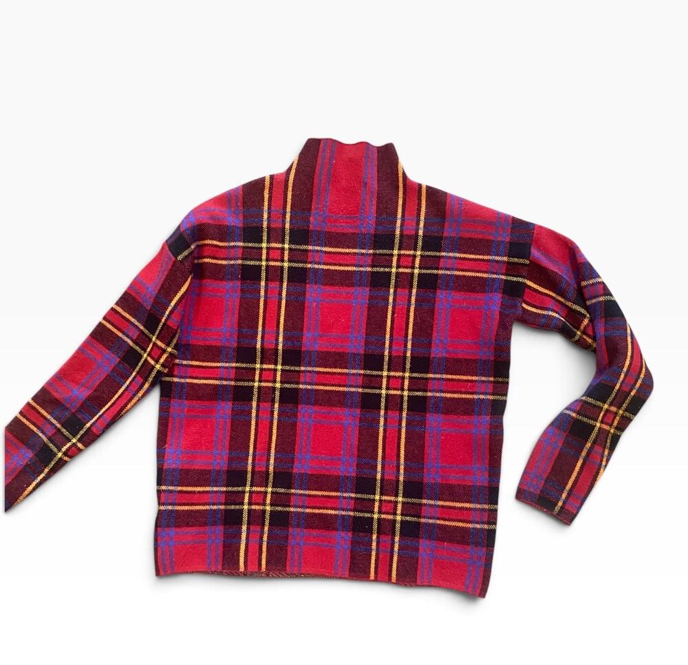 Tahari Women’s Small Red Plaid Mock Neck Sweater Tartan Long Sleeve Preppy